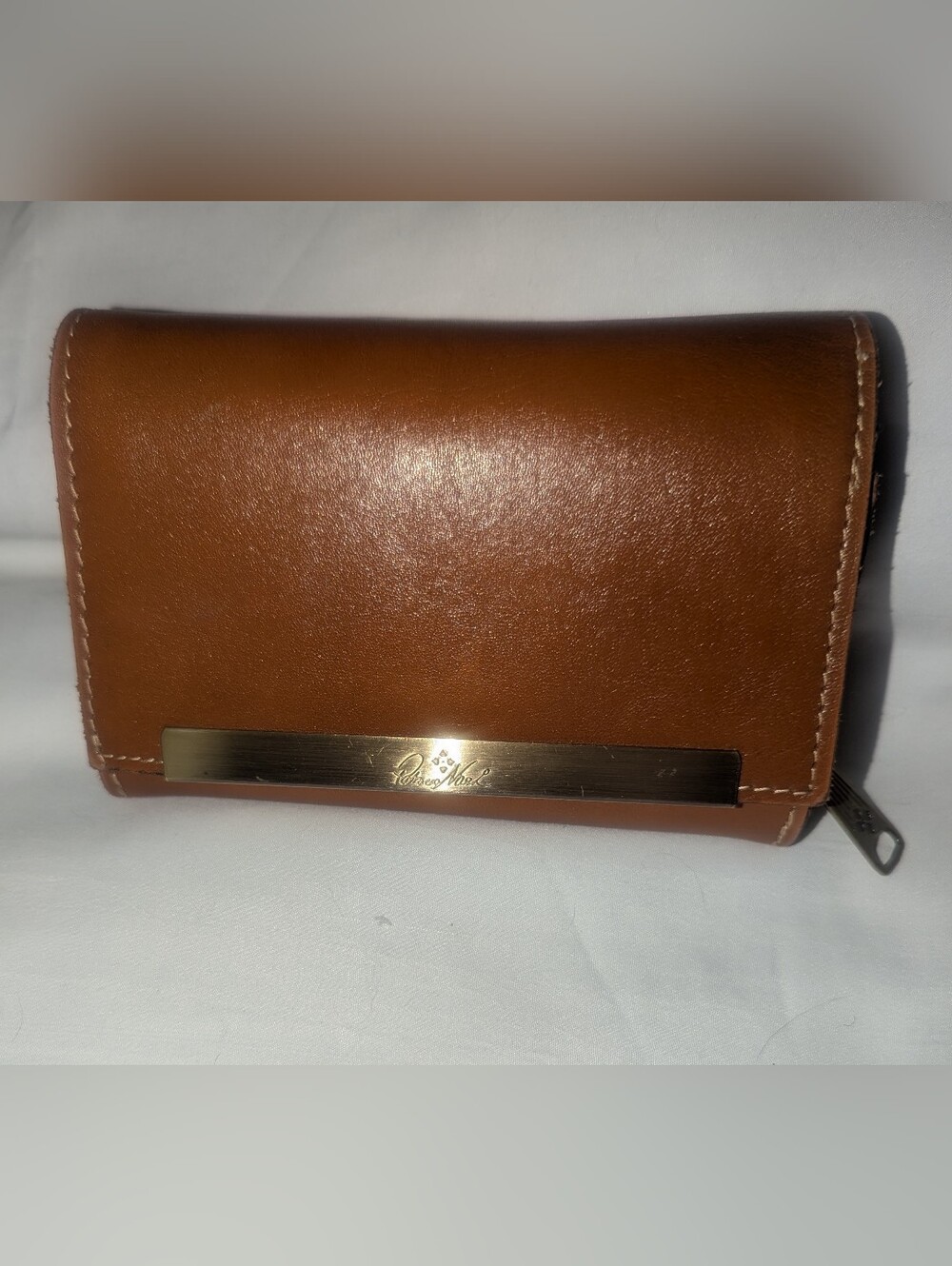Patricia Nash Cametti Tan Leather Trifold Wallet with Gold Accent